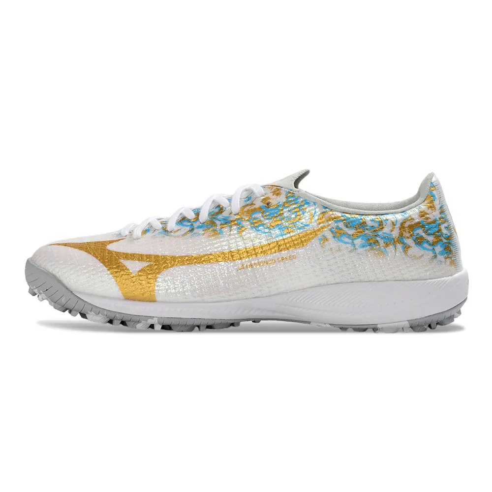 Chuteira Society Mizuno Alpha TF Branco e Dourado