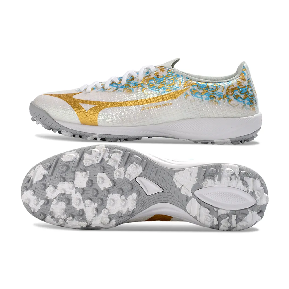 Chuteira Society Mizuno Alpha TF Branco e Dourado
