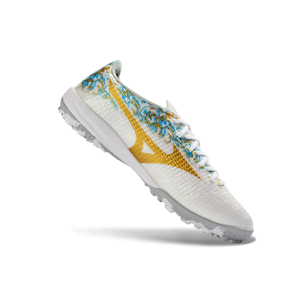 Chuteira Society Mizuno Alpha TF Branco e Dourado