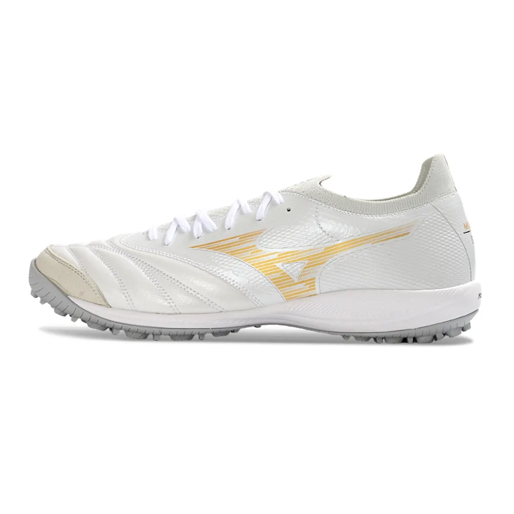Chuteira Society Mizuno Morelia Neo Sala TF Branco e Dourado