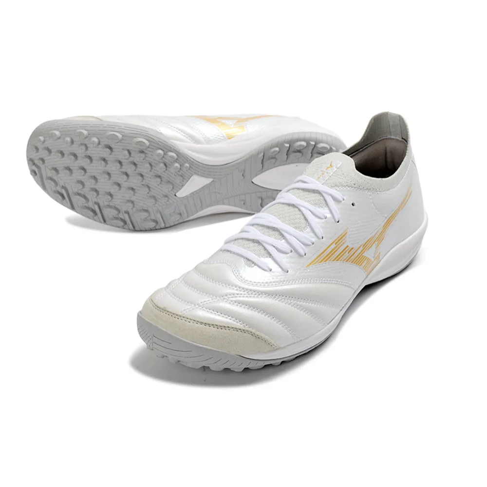 Chuteira Society Mizuno Morelia Neo Sala TF Branco e Dourado