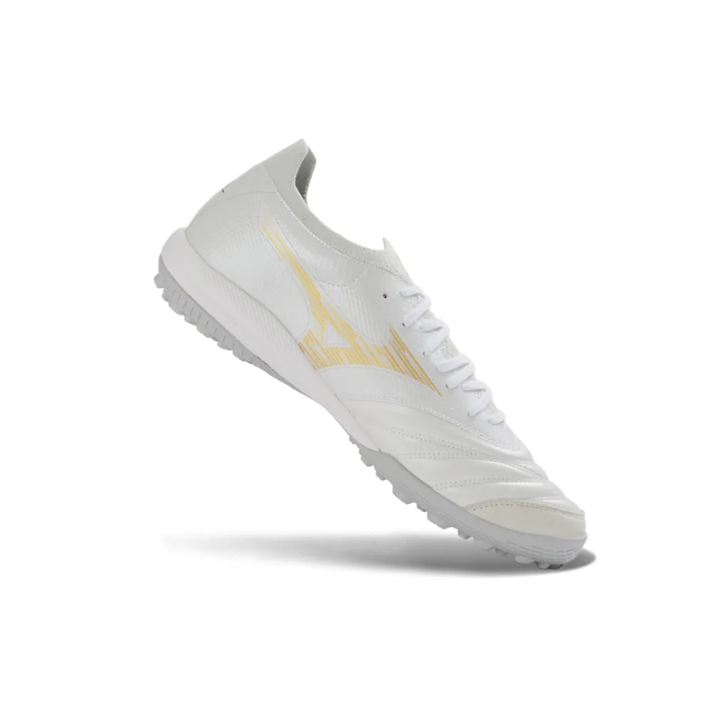 Chuteira Society Mizuno Morelia Neo Sala TF Branco e Dourado