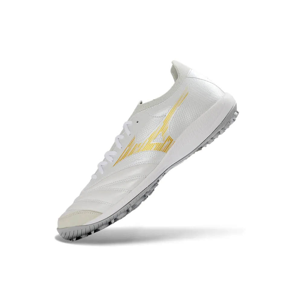Chuteira Society Mizuno Morelia Neo Sala TF Branco e Dourado