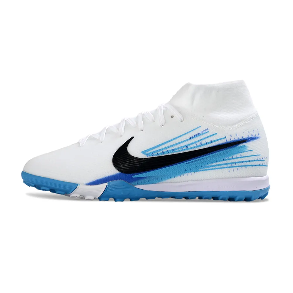 Chuteira Society Nike Air Zoom Mercurial Superfly 10 Elite TF Branco e Azul
