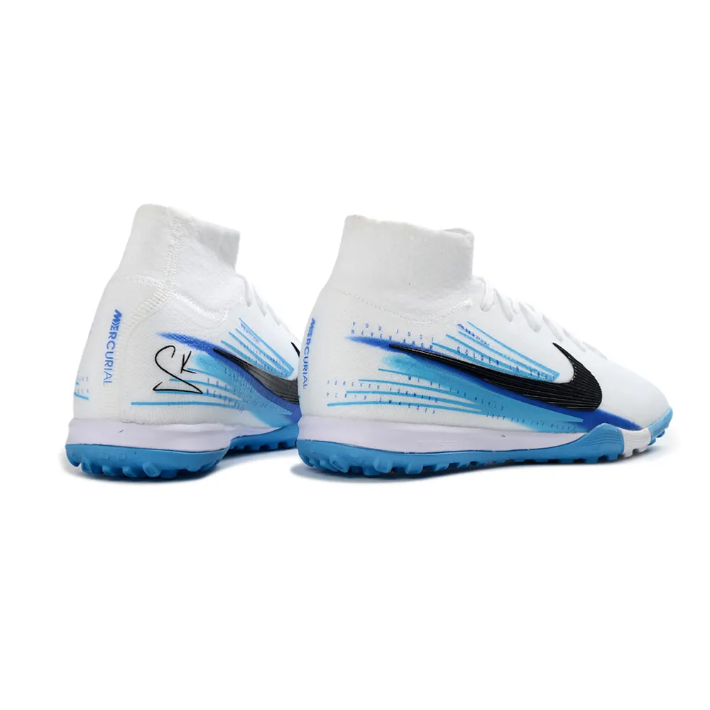 Chuteira Society Nike Air Zoom Mercurial Superfly 10 Elite TF Branco e Azul