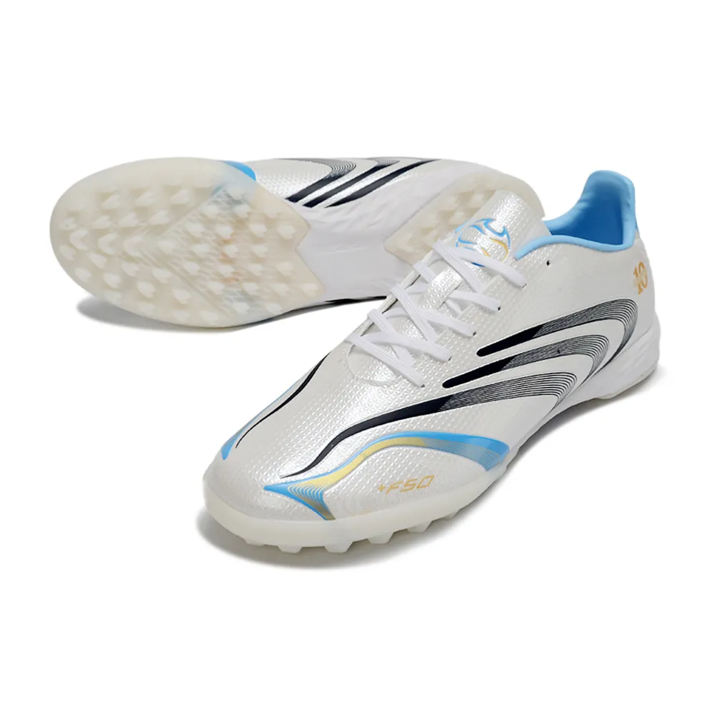 Chuteira Society Adidas F50 Spider TF Branco, Azul e Preto - Messi