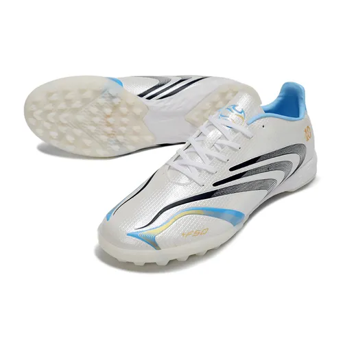 Chuteira Society Adidas F50 Spider TF Branco, Azul e Preto - Messi