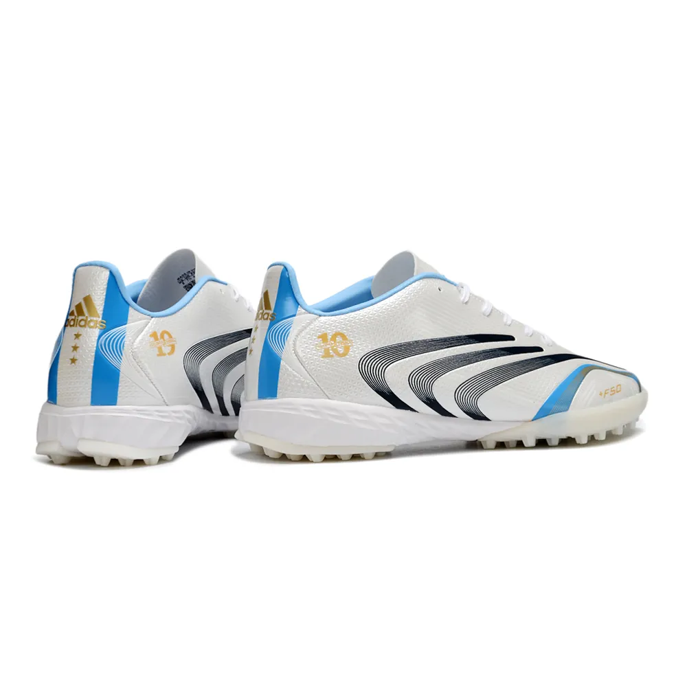Chuteira Society Adidas F50 Spider TF Branco, Azul e Preto - Messi