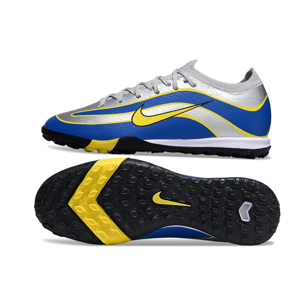 Chuteira Society Nike Air Zoom Mercurial Vapor 16 Elite TF Prata, Azul e Amarelo