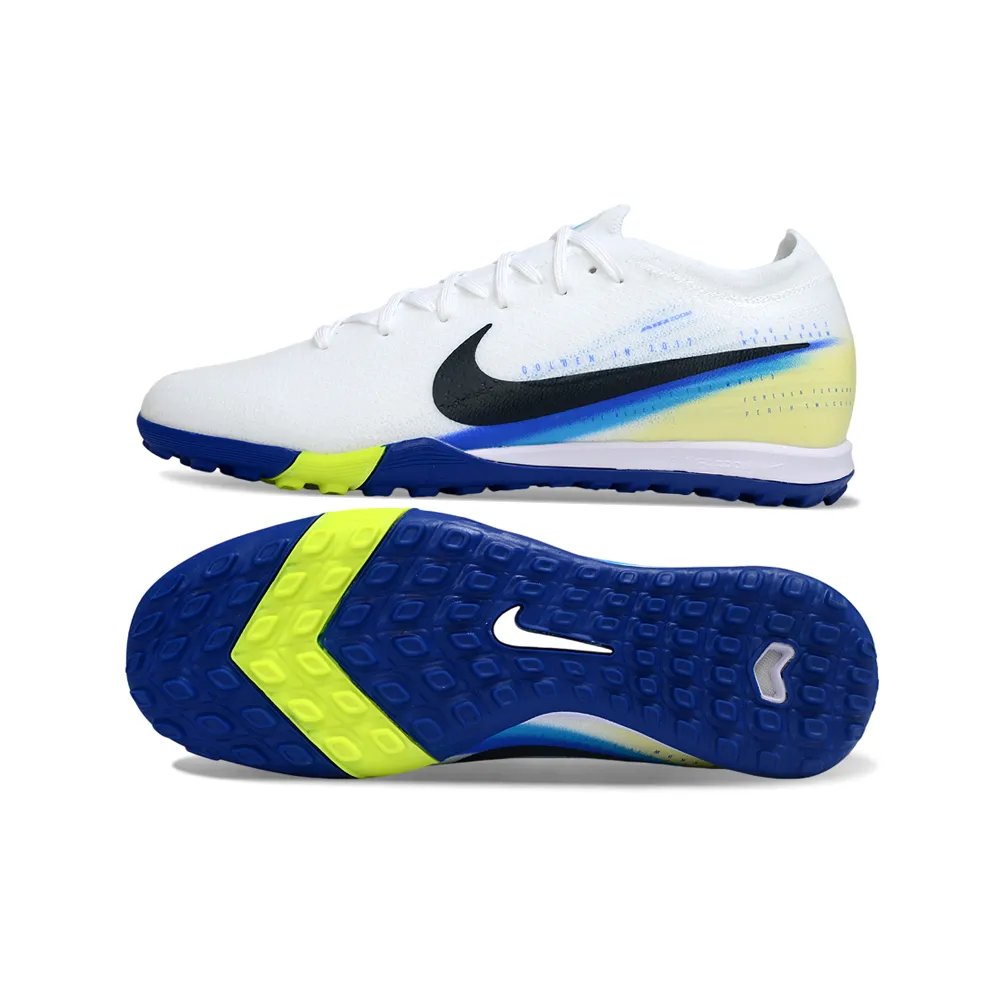 Chuteira Society Nike Air Zoom Mercurial Vapor 16 Elite TF Branco, Azul e Amarelo