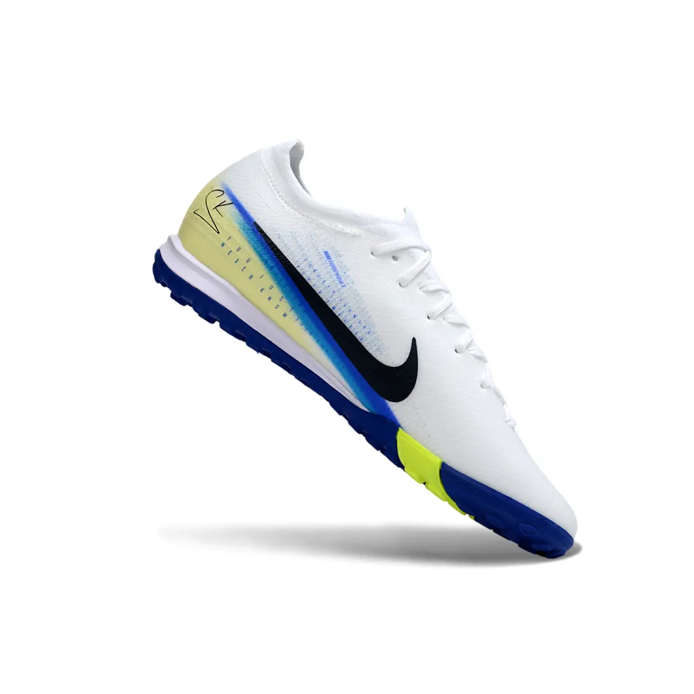 Chuteira Society Nike Air Zoom Mercurial Vapor 16 Elite TF Branco, Azul e Amarelo