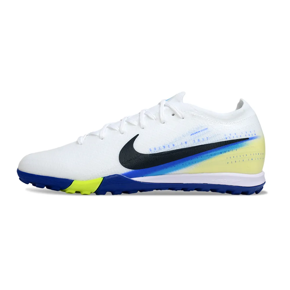 Chuteira Society Nike Air Zoom Mercurial Vapor 16 Elite TF Branco, Azul e Amarelo