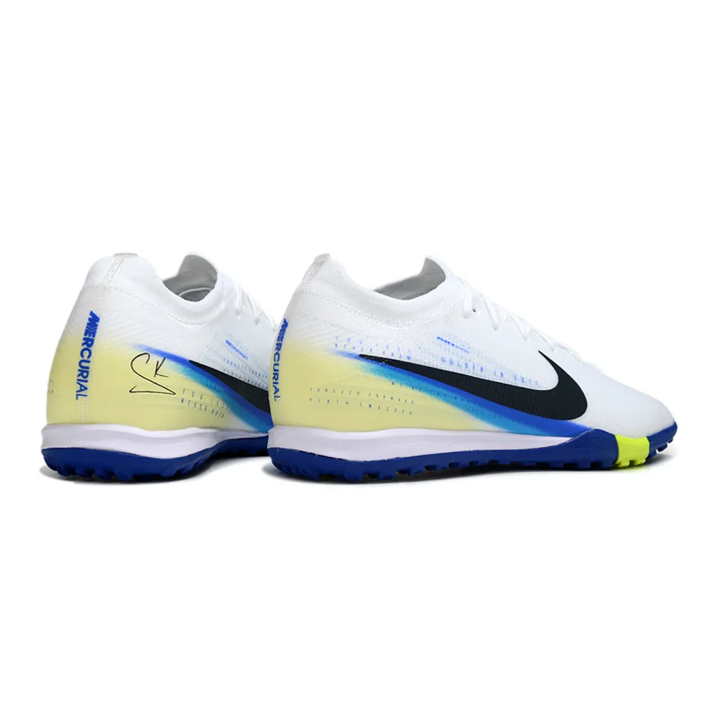 Chuteira Society Nike Air Zoom Mercurial Vapor 16 Elite TF Branco, Azul e Amarelo