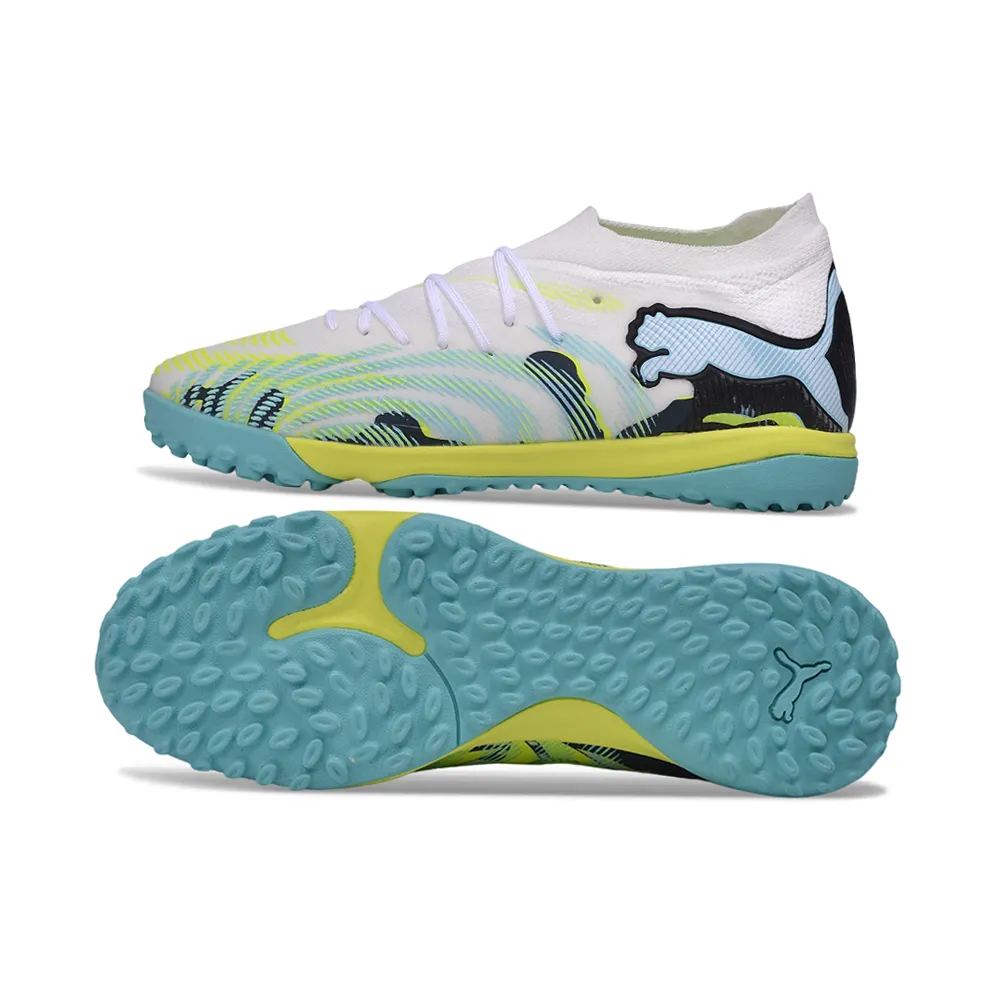 Chuteira Society Puma Future 9 TF Branco, Amarelo e Azul