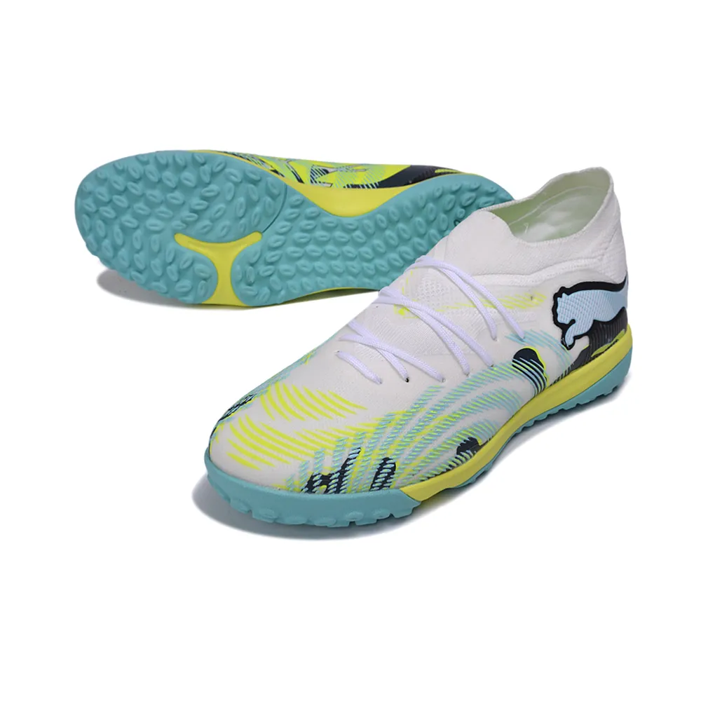Chuteira Society Puma Future 9 TF Branco, Amarelo e Azul