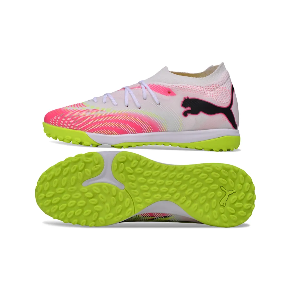 Chuteira Society Puma Future 9 TF Branco, Rosa e Amarelo