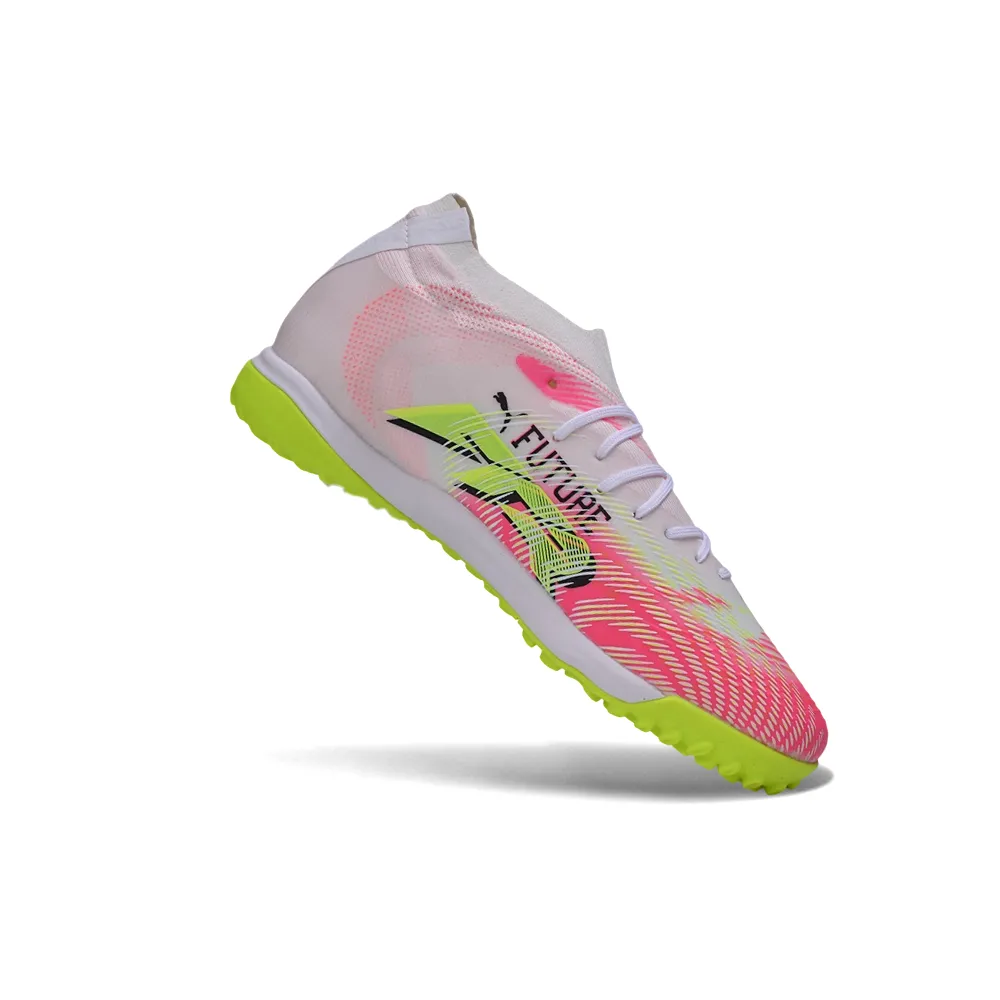 Chuteira Society Puma Future 9 TF Branco, Rosa e Amarelo