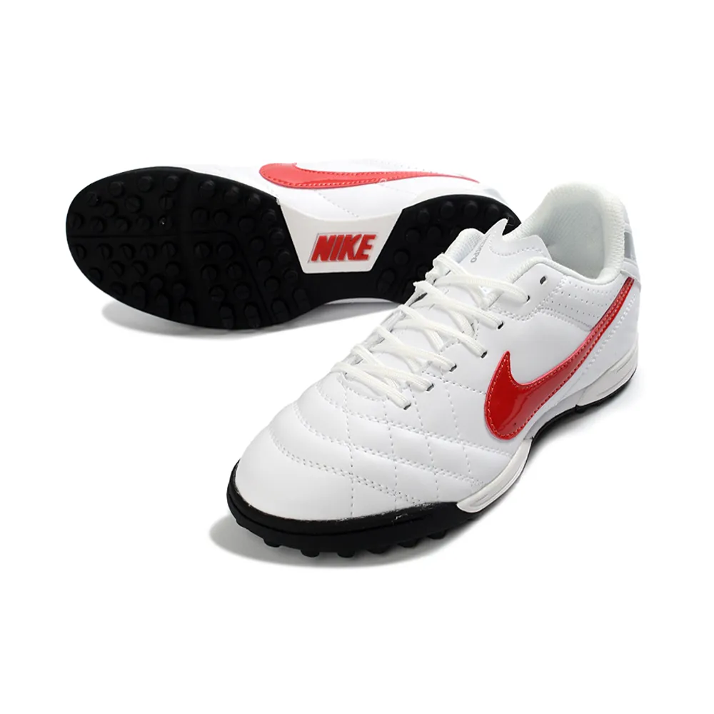 Chuteira Society Nike Tiempo Ligeira V TF Branco e Vermelho