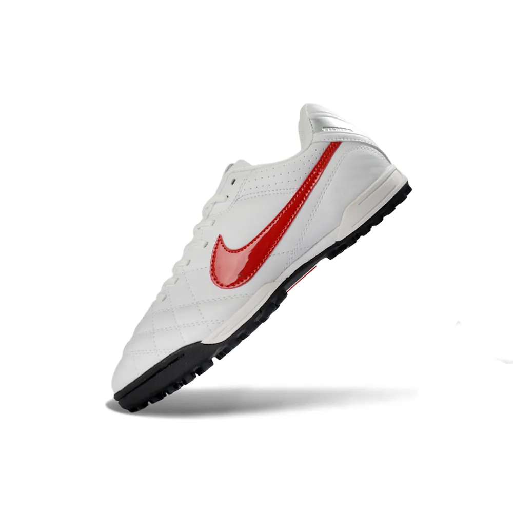 Chuteira Society Nike Tiempo Ligeira V TF Branco e Vermelho