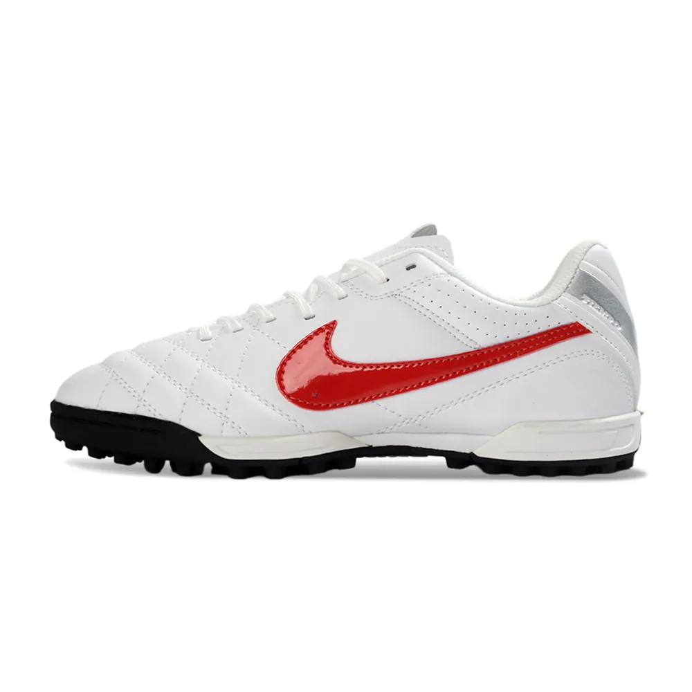 Chuteira Society Nike Tiempo Ligeira V TF Branco e Vermelho