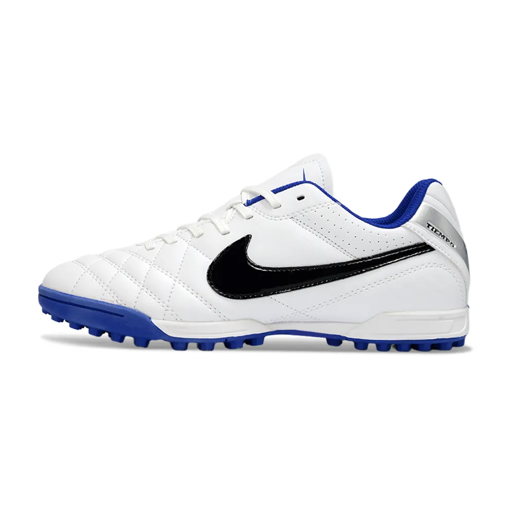 Chuteira Society Nike Tiempo Ligeira V TF Branco e Azul