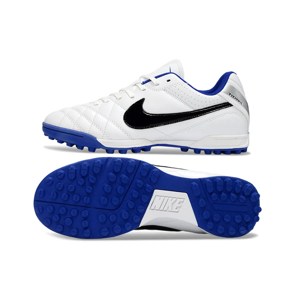 Chuteira Society Nike Tiempo Ligeira V TF Branco e Azul