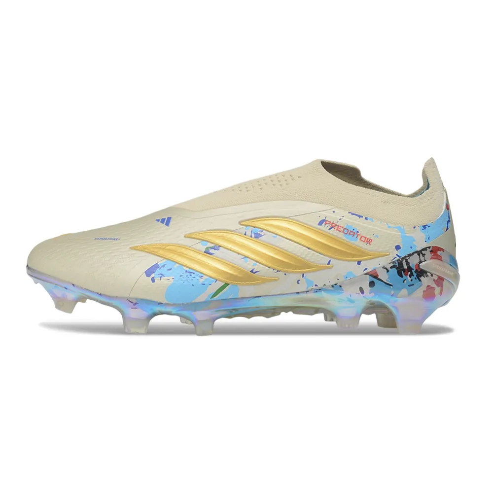 Chuteira Campo Adidas Predator LL 26 Elite FG Bege, Azul e Dourado
