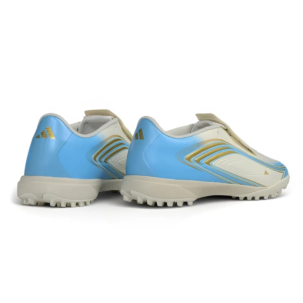 Chuteira Society Adidas F50 Tunit Elite Messi FG Branca, Dourado e Azul - El Ultimo Tango