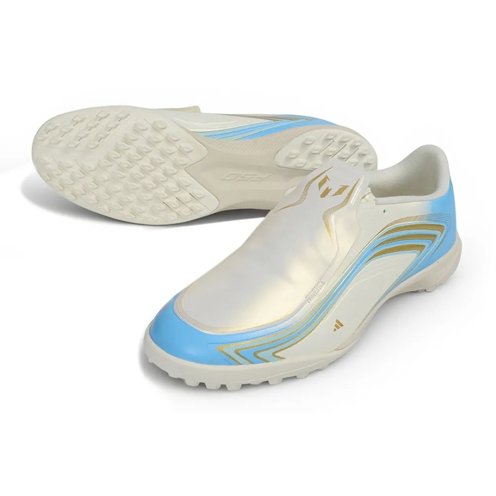 Chuteira Society Adidas F50 Tunit Elite Messi FG Branca, Dourado e Azul - El Ultimo Tango