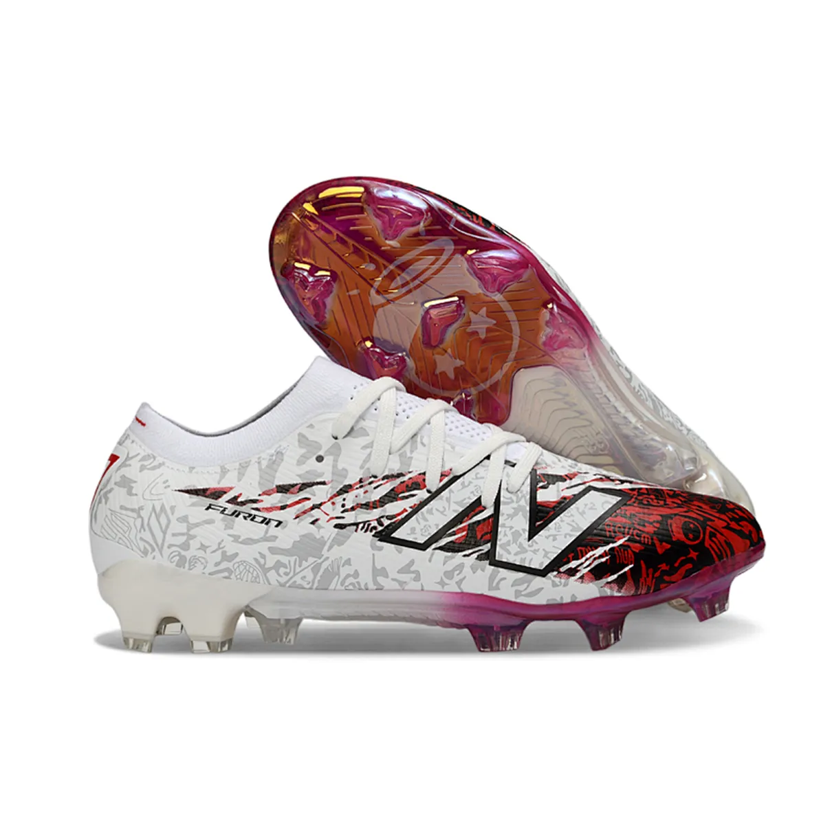 Chuteira Campo New Balance Furon V8 Elite FG Branca e Vermelha