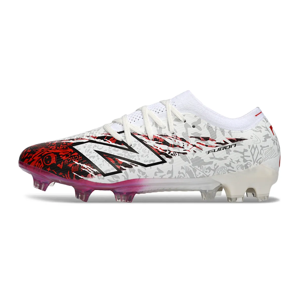 Chuteira Campo New Balance Furon V8 Elite FG Branca e Vermelha