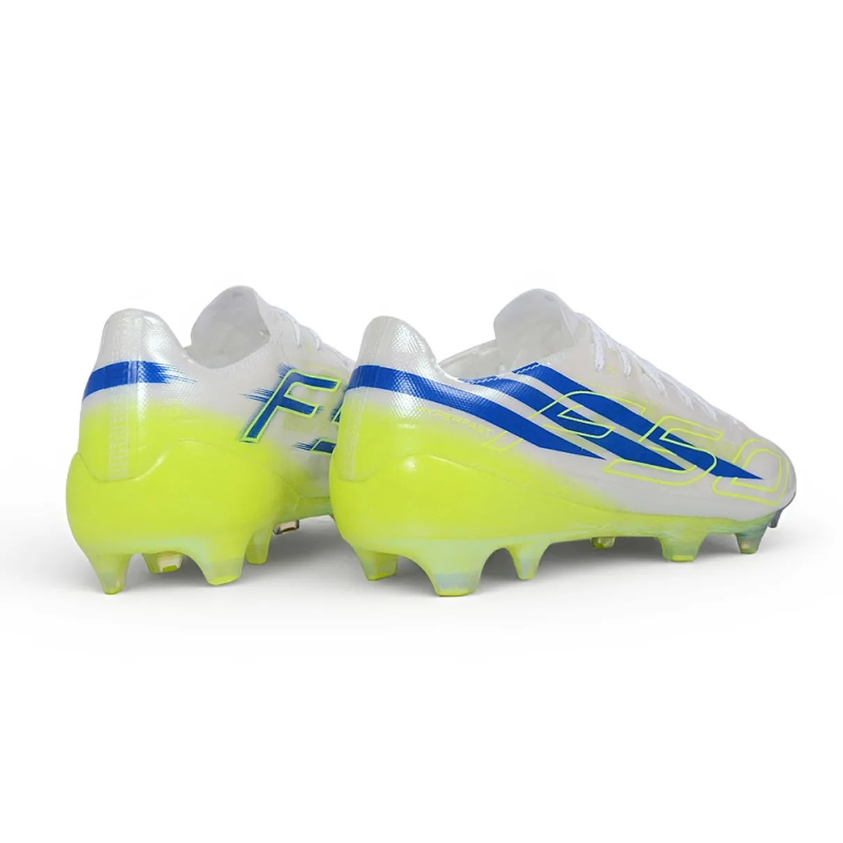 Chuteira Campo Adidas F50 EVO Hyperfast FG Branca, Azul e Verde