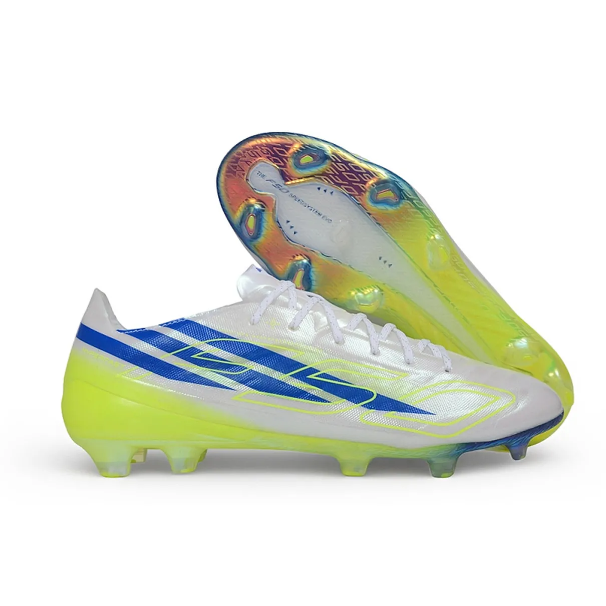 Chuteira Campo Adidas F50 EVO Hyperfast FG Branca, Azul e Verde