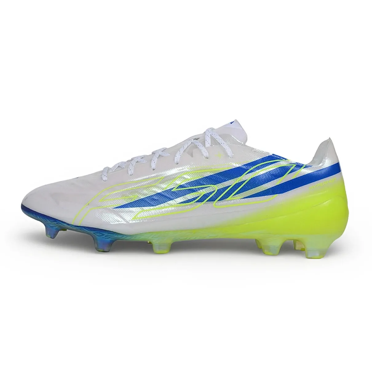 Chuteira Campo Adidas F50 EVO Hyperfast FG Branca, Azul e Verde