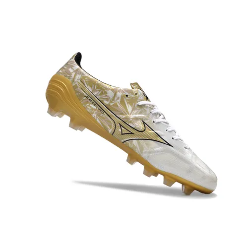 Chuteira Campo Mizuno Alpha FG Branca e Dourada - Sérgio Ramos