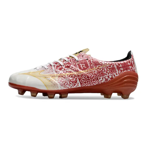 Chuteira Campo Mizuno Alpha FG Branca, Vermelho e Dourado - Signature Pack