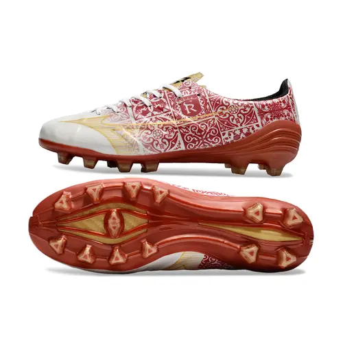Chuteira Campo Mizuno Alpha FG Branca, Vermelho e Dourado - Signature Pack