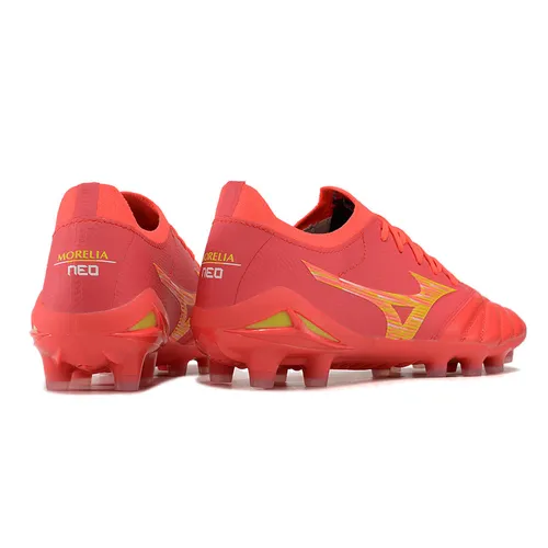 Chuteira Campo Mizuno Morelia Neo 4 Beta FG Vermelha e Dourada 