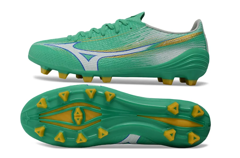 Chuteira Campo Mizuno Alpha III FG Verde e Dourado
