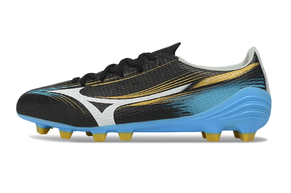 Chuteira Campo Mizuno Alpha III FG Preto, Azul e Dourado