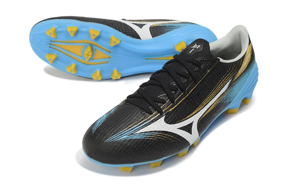 Chuteira Campo Mizuno Alpha III FG Preto, Azul e Dourado