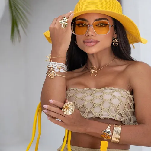 Conjunto Chapéu e Bolsa Palha Meia Lua - Amarelo