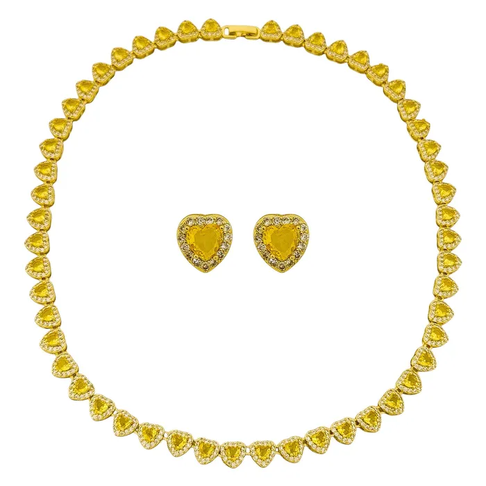 Conjunto Colar e Brinco Folheado a Ouro 18k e Prata Corações Com Cristal Yellow