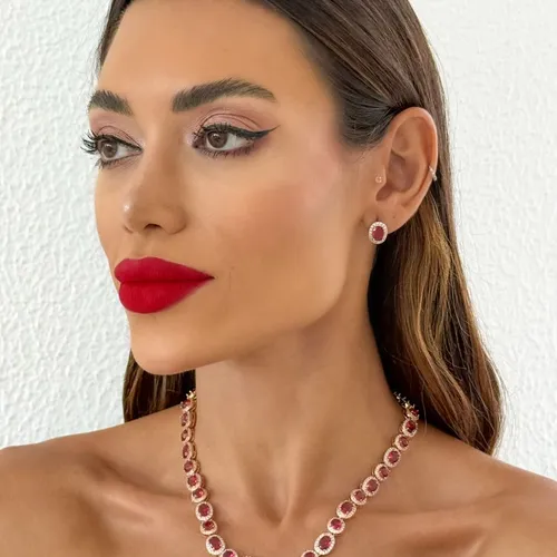 Conjunto Colar e Brinco Folheado a Ouro 18k e Prata Oval De Cristal Cravejado