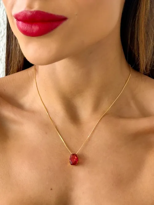 Colar Folheado a Ouro 18k Cristal Oval Vermelho