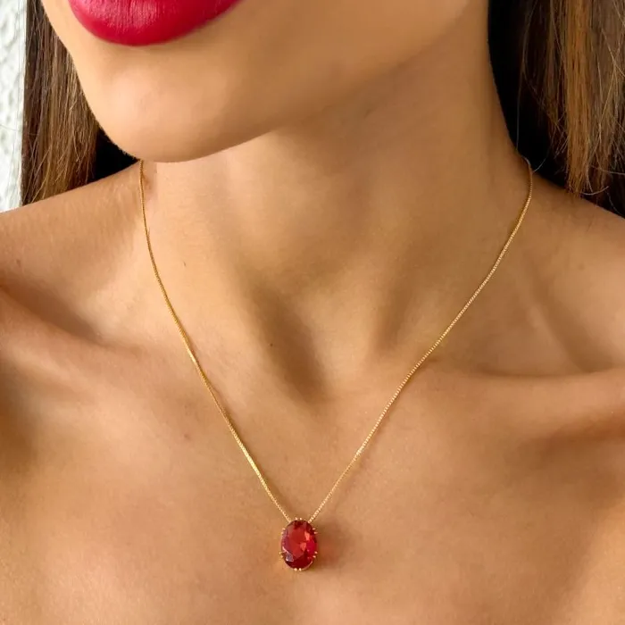 Colar Folheado a Ouro 18k Cristal Oval Vermelho