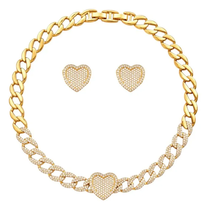 Conjunto Colar e Brinco Folheado a Ouro 18k e Prata Elos e Coração Cravejado
