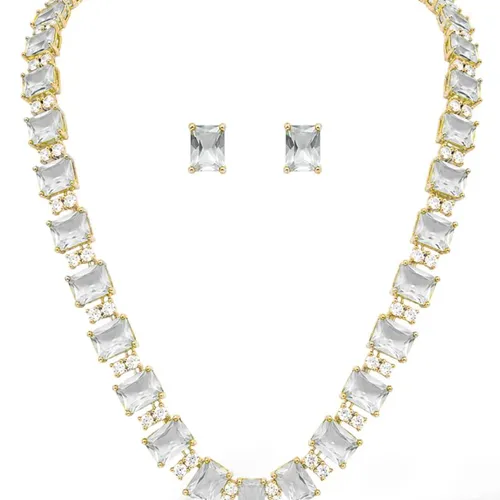 Conjunto Colar e Brinco Folheado a Ouro 18k e Prata Quadrados de Zircônia