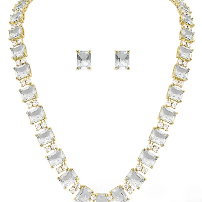 Conjunto Colar e Brinco Folheado a Ouro 18k e Prata Quadrados de Zircônia