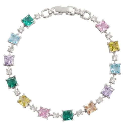 Pulseira Semi Joia Quadrados Zircônia Colorido 18cm